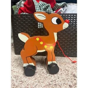 Rudolph Wood Pull Toy - Rudolph the red nosed reindeer w/ cord